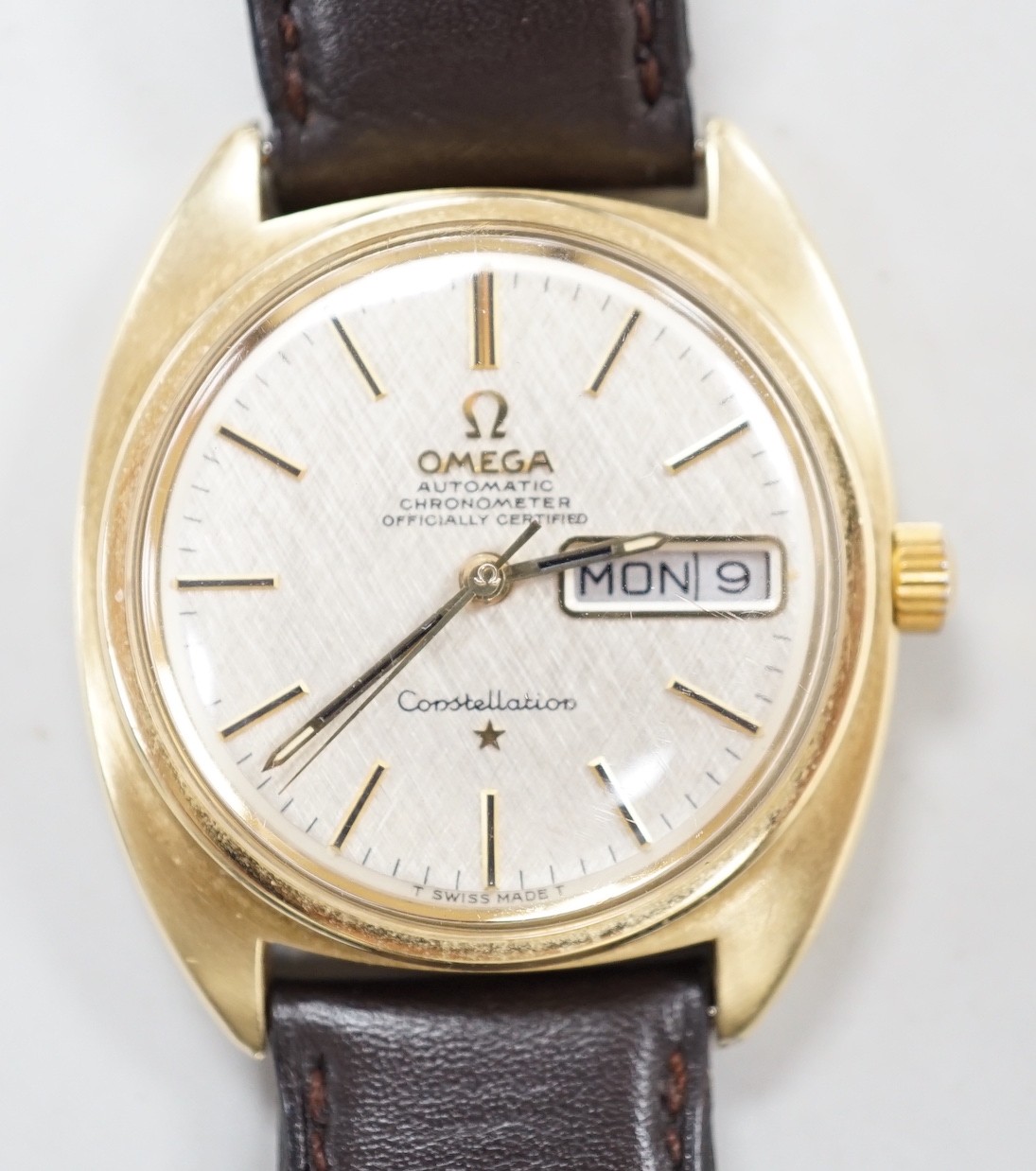 A gentleman's 1960's? steel and gold plated Omega Constellation Automatic wrist watch, on associated leather strap, case diameter 34mm, no box or papers.